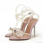 Sexy White String-Bead TransparentFashionable Butterfly-Knot Clear Pointed-Toe Summer Pumps High Heel