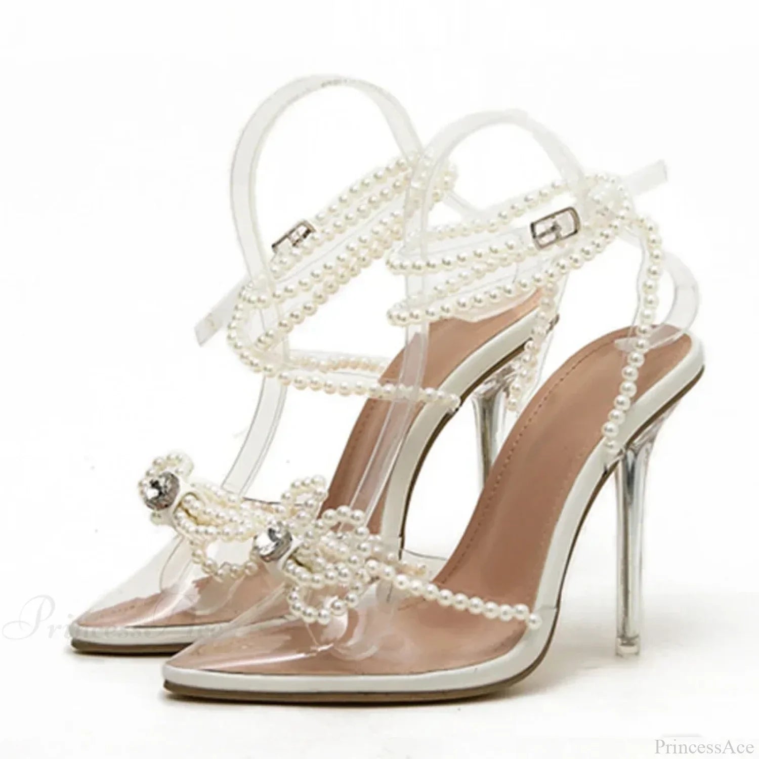 Sexy White String-Bead TransparentFashionable Butterfly-Knot Clear Pointed-Toe Summer Pumps High Heel