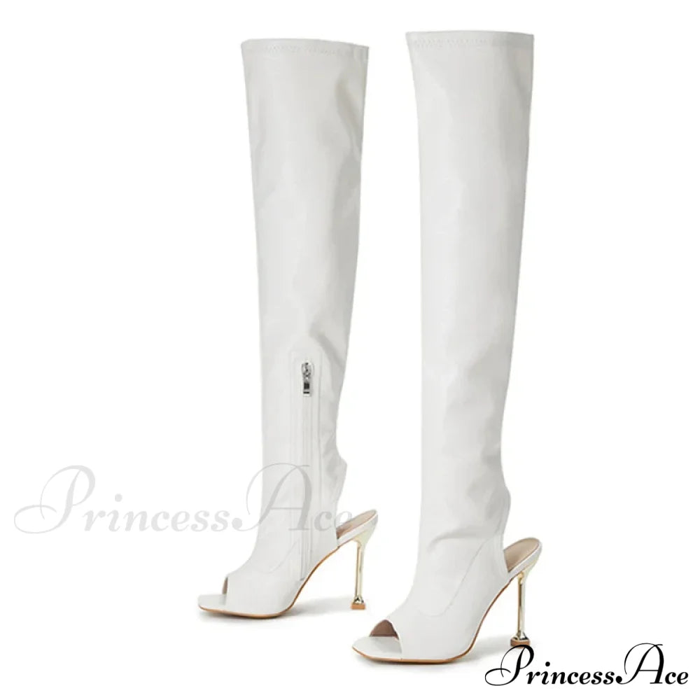 Sexy Zip Metal Thin Heel Thigh High Over The Knee Boots - Open Toe Leather - Ladies Party Club Stripper Shoes