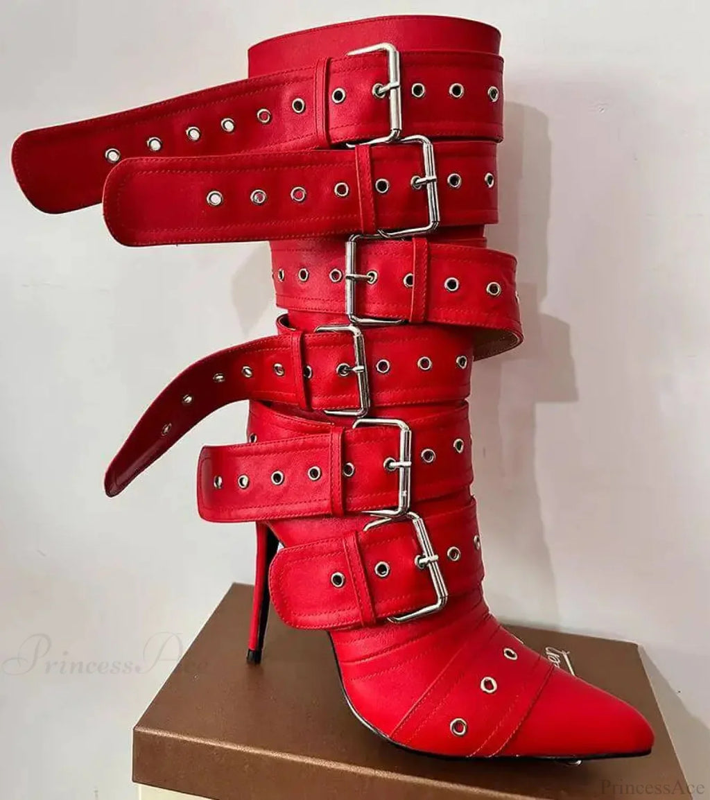 Sharp Toe Mid-Calf Clasp Stiletto Boot