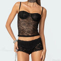 Sheer Lace Cupped Corset Hook Eye Back Crop Top See-Through Shorts Two Pieces Set