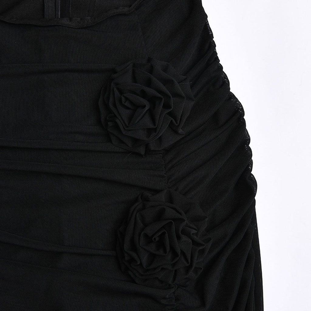 Floral Trim Cut Out High Slit Strapless Maxi Dress - Black