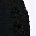 Floral Trim Cut Out High Slit Strapless Maxi Dress - Black