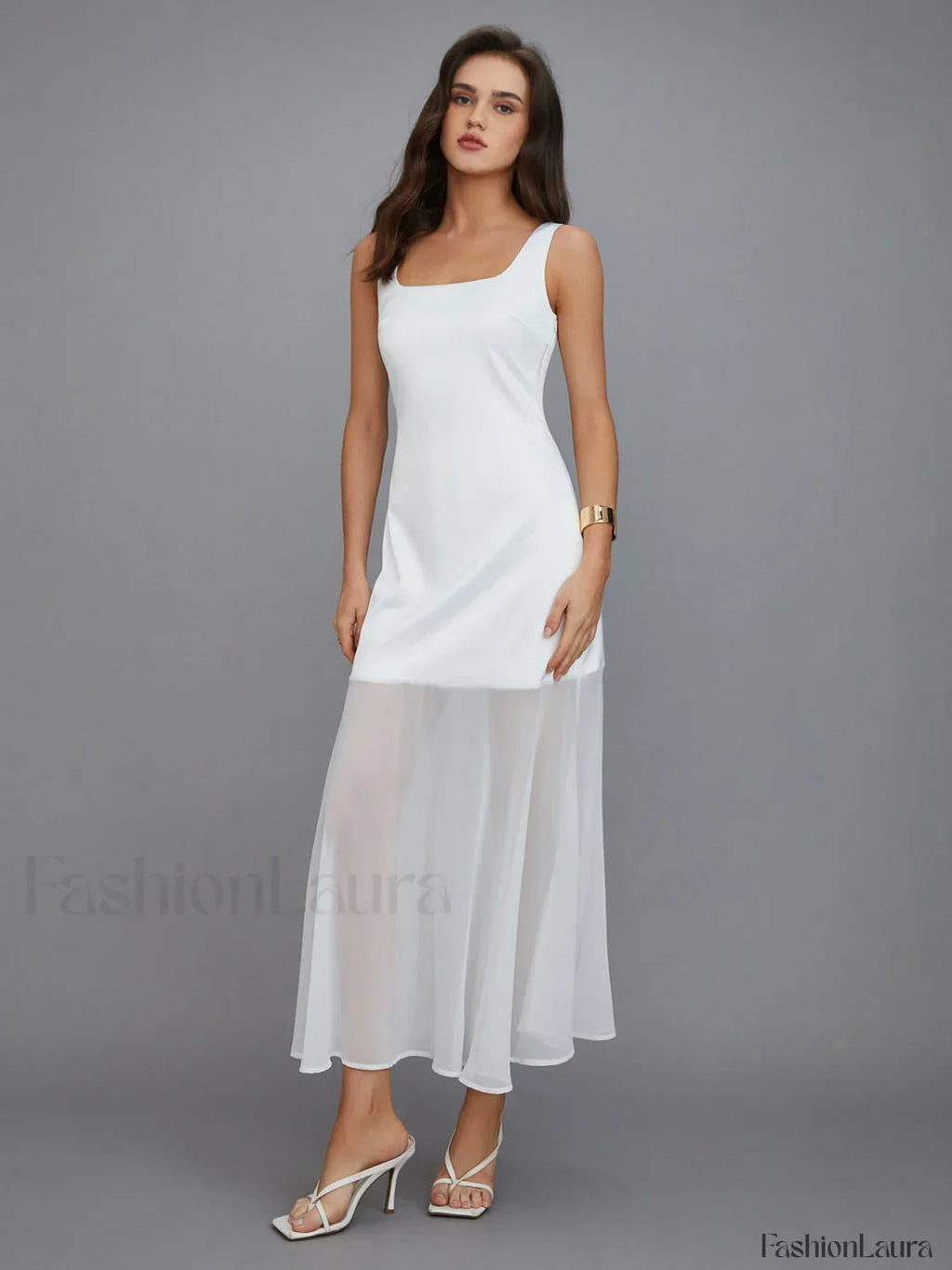 White Sheer Overlay Long Dress