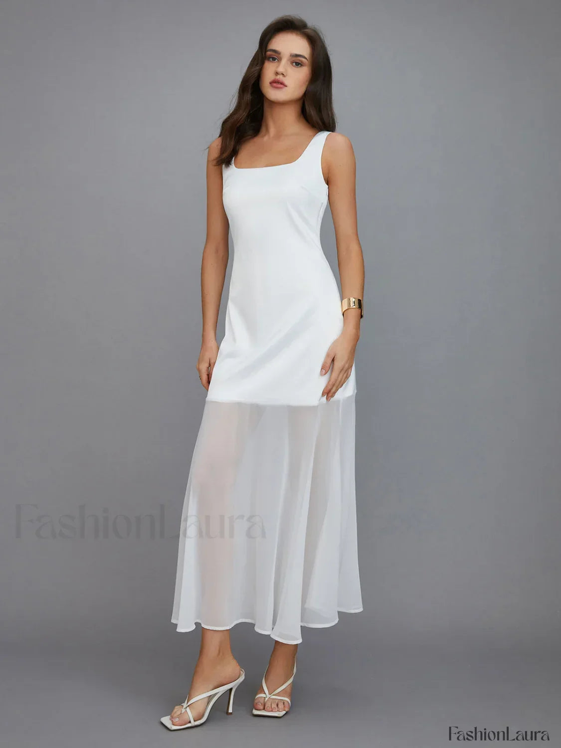 White Sheer Overlay Long Dress