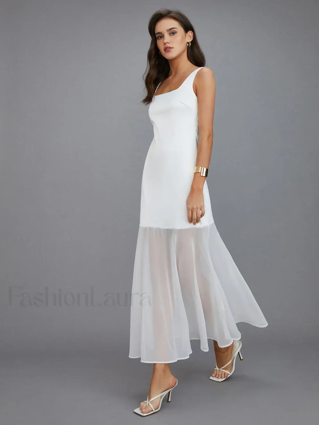 White Sheer Overlay Long Dress
