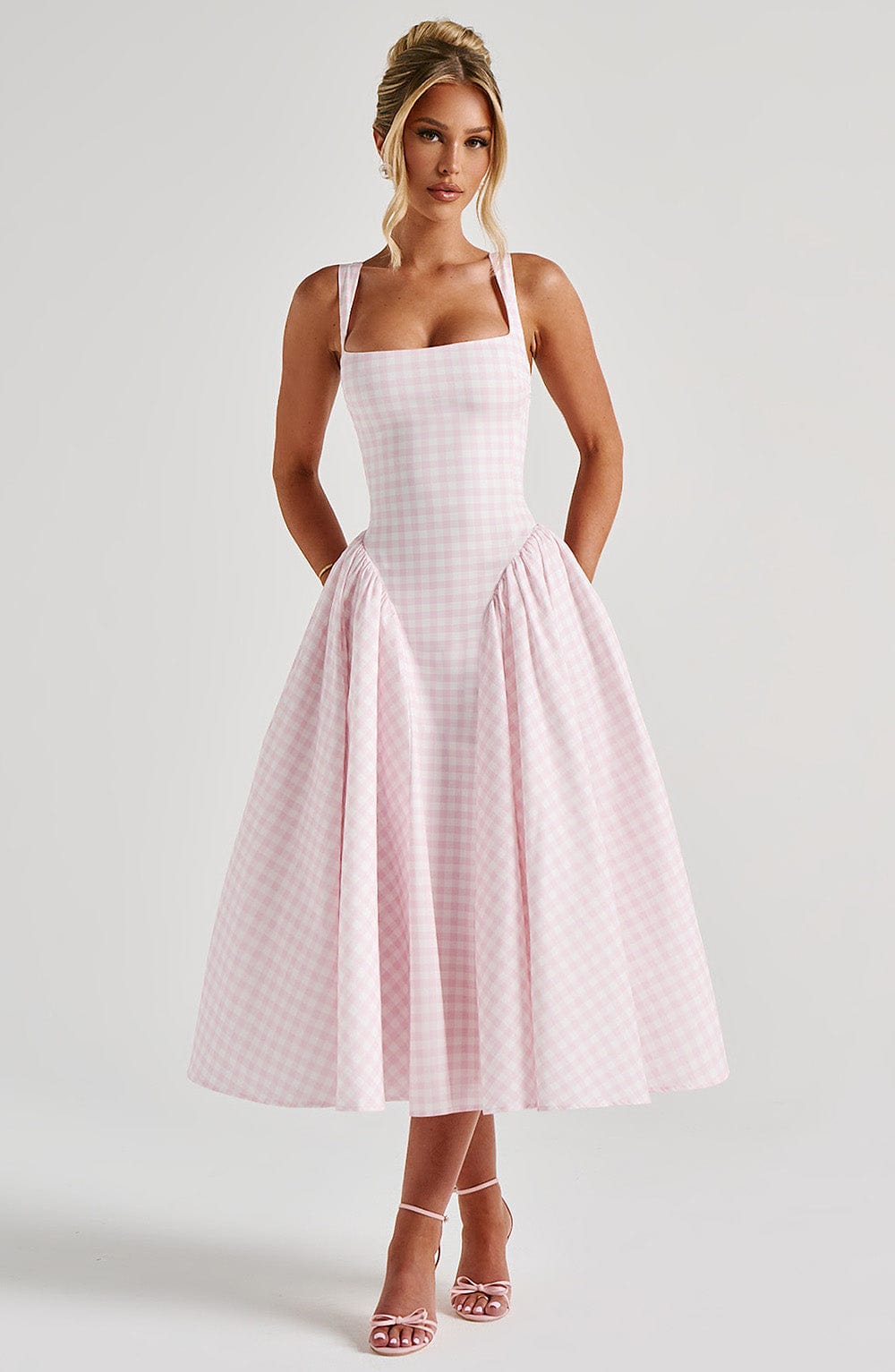 Gingham Check Square Neck Basque Waist Gathered Full Skirt Midi Dress