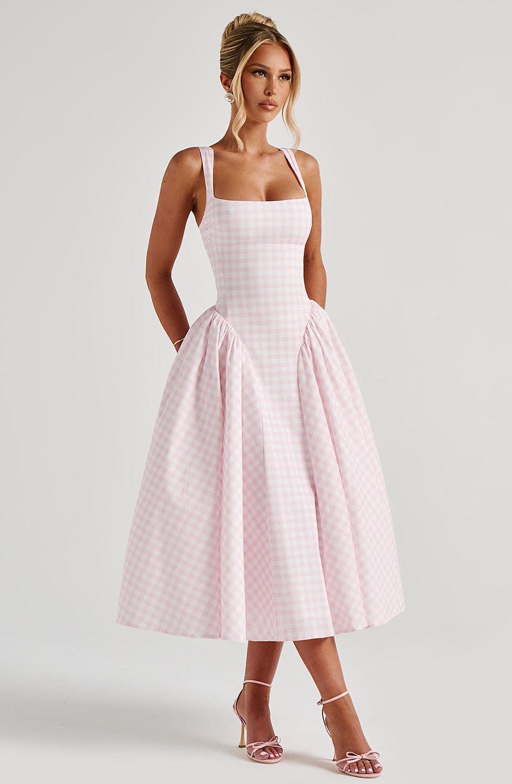 Gingham Check Square Neck Basque Waist Gathered Full Skirt Midi Dress
