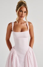 Gingham Check Square Neck Basque Waist Gathered Full Skirt Midi Dress