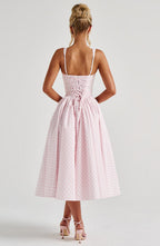 Gingham Check Square Neck Basque Waist Gathered Full Skirt Midi Dress