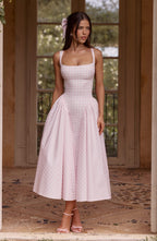 Gingham Check Square Neck Basque Waist Gathered Full Skirt Midi Dress