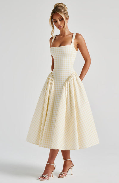 Gingham Check Square Neck Basque Waist Gathered Full Skirt Midi Dress