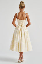 Gingham Check Square Neck Basque Waist Gathered Full Skirt Midi Dress