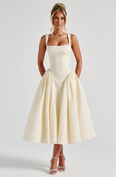 Gingham Check Square Neck Basque Waist Gathered Full Skirt Midi Dress