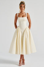 Gingham Check Square Neck Basque Waist Gathered Full Skirt Midi Dress