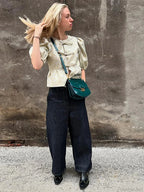 Shimmer Lace-Up Bow Puffy Sleeve Short Blouse