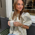 Shimmer Lace-Up Bow Puffy Sleeve Short Blouse