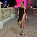 Shining Chain Slit Strapless Black Party Dress