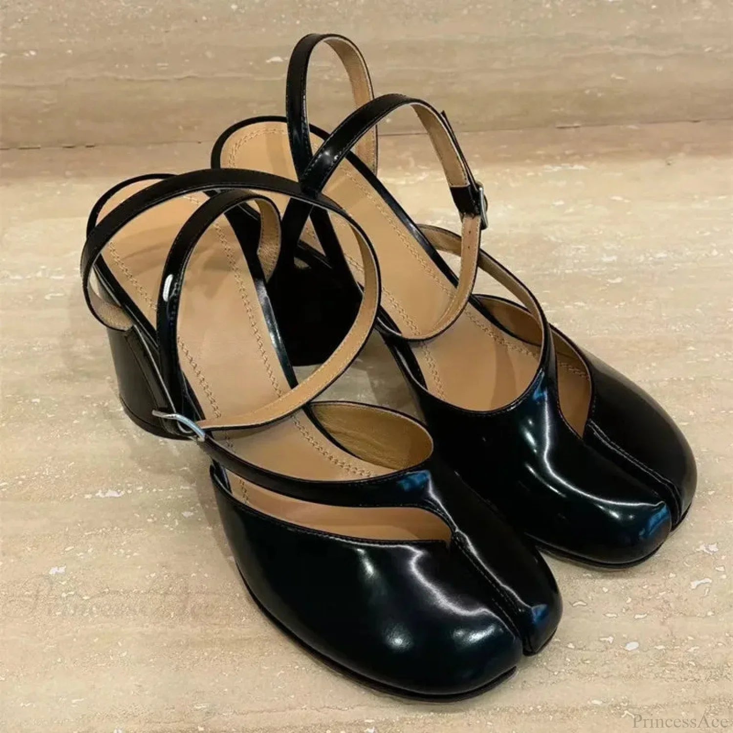 Shiny Leather Slingback Dark High Heel