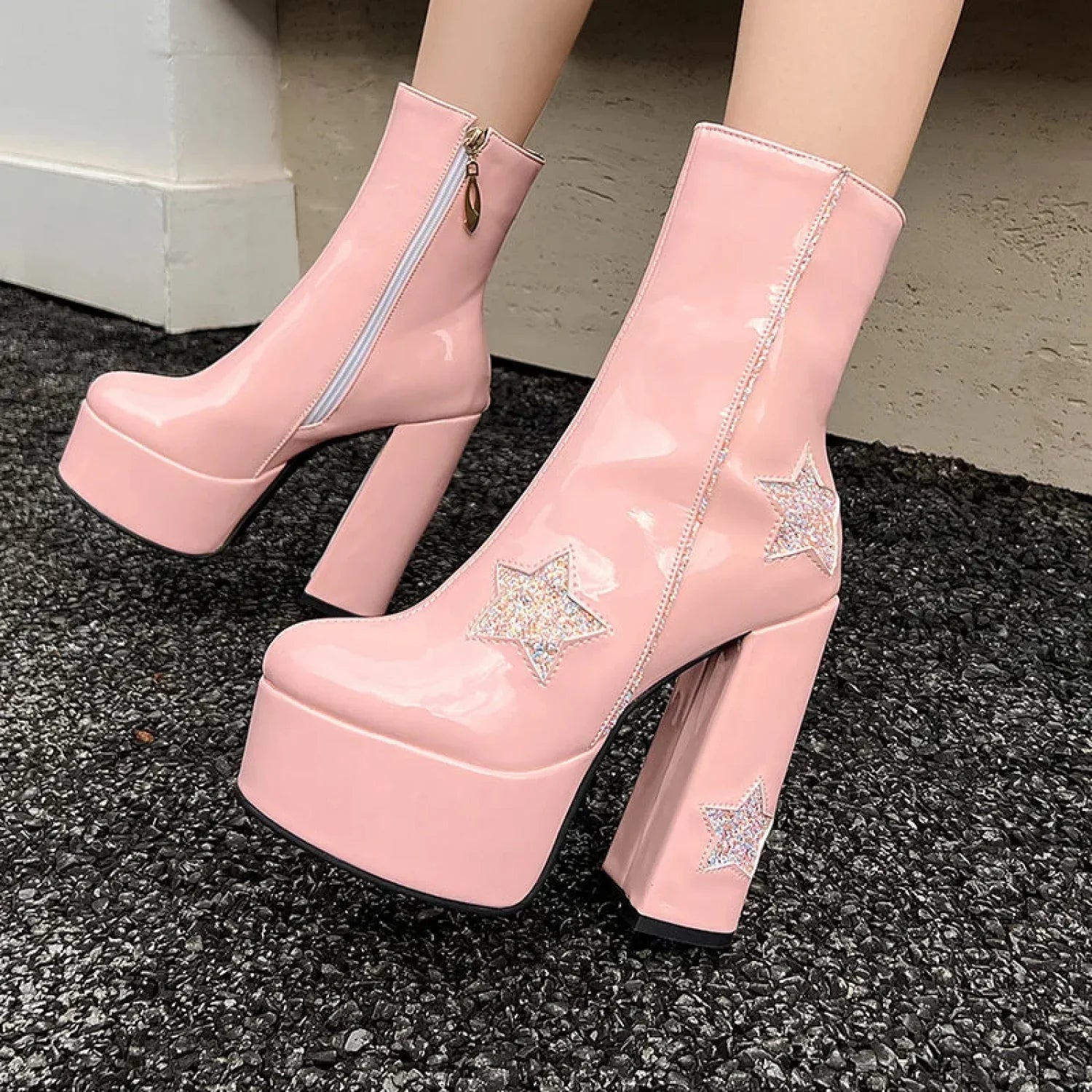 Shiny Leather Sparkle Elevated Gothic Zipper Brief Boot