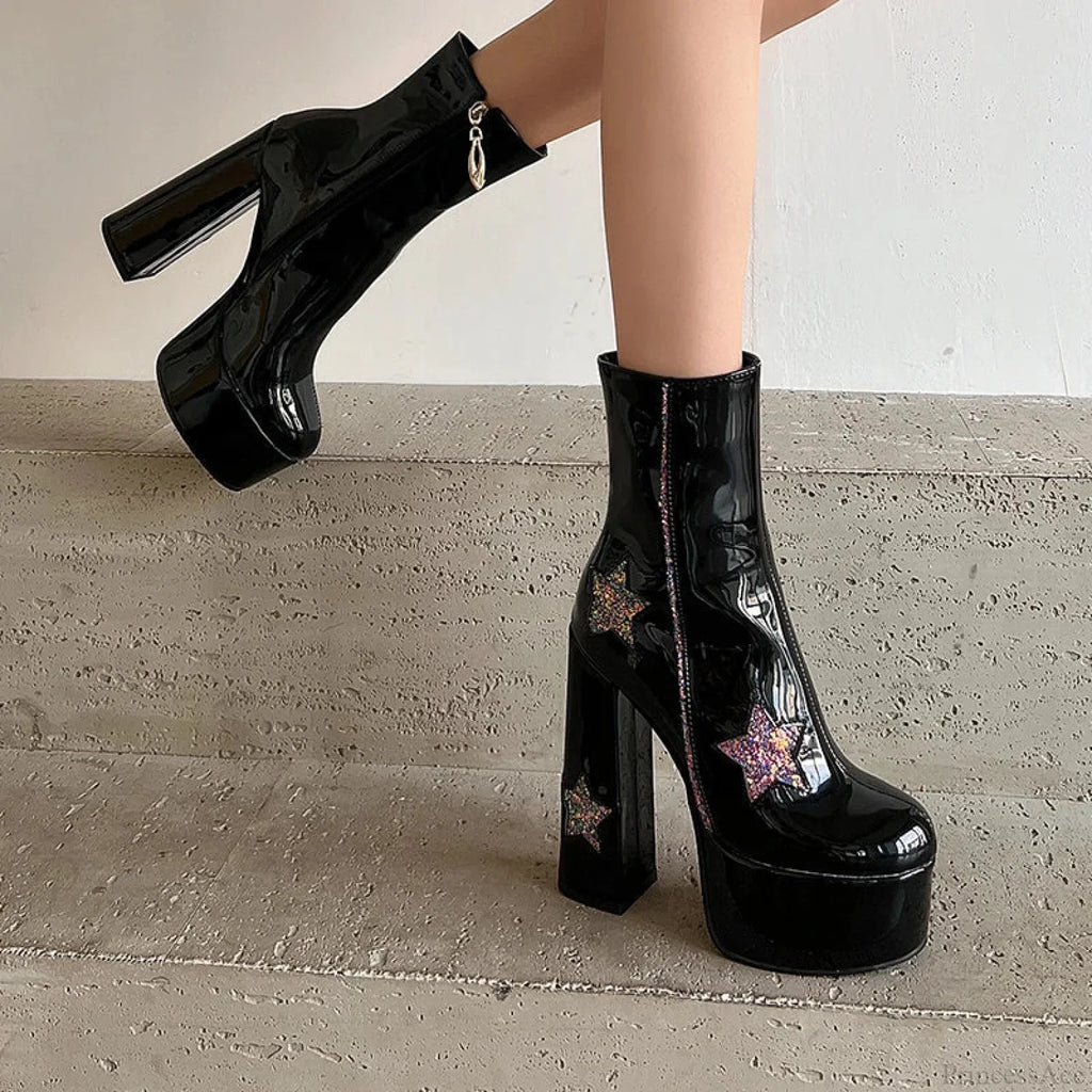 Shiny Leather Sparkle Elevated Gothic Zipper Brief Boot