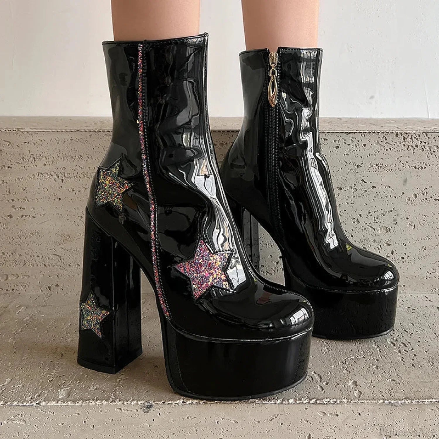 Shiny Leather Sparkle Elevated Gothic Zipper Brief Boot