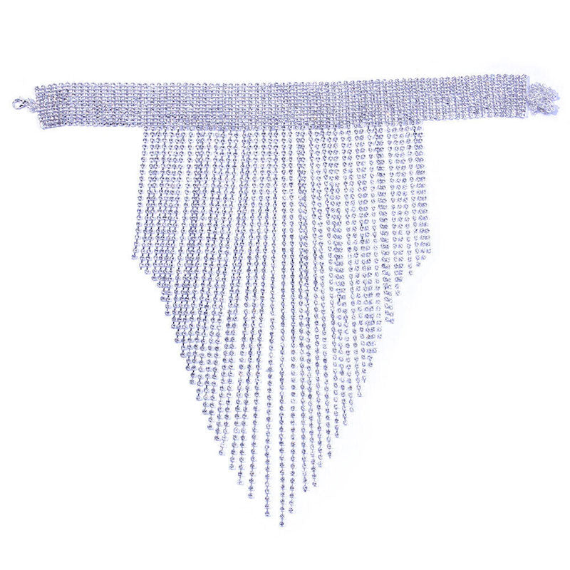 Silver Long Fringe Choker Necklace with Shiny Rhinestone Embellishments