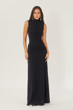 Mock Neck Sleeveless Metallic Lurex Draped Sash Tie Maxi Gown