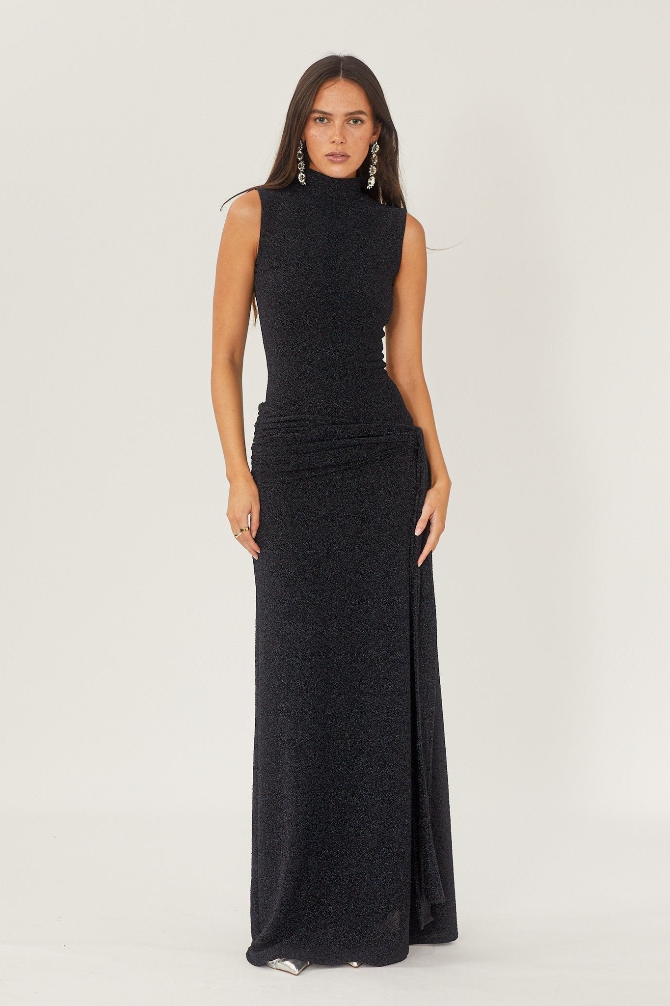 Mock Neck Sleeveless Metallic Lurex Draped Sash Tie Maxi Gown