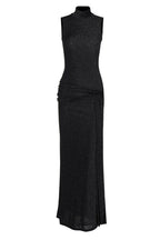 Mock Neck Sleeveless Metallic Lurex Draped Sash Tie Maxi Gown