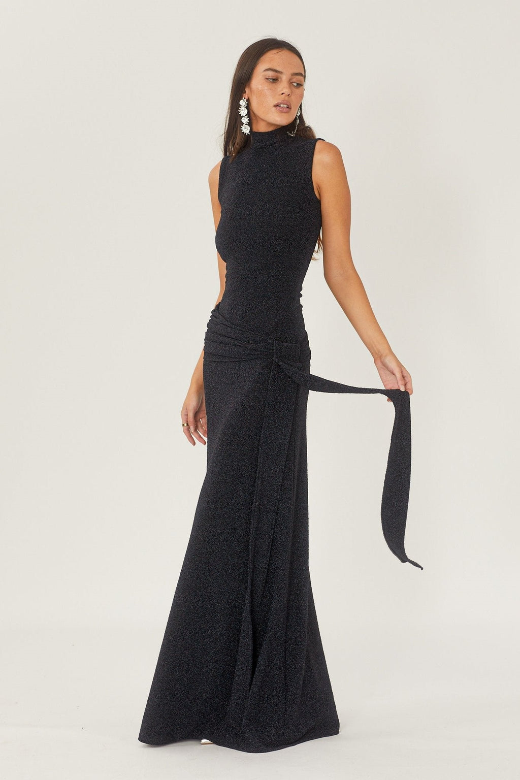 Mock Neck Sleeveless Metallic Lurex Draped Sash Tie Maxi Gown