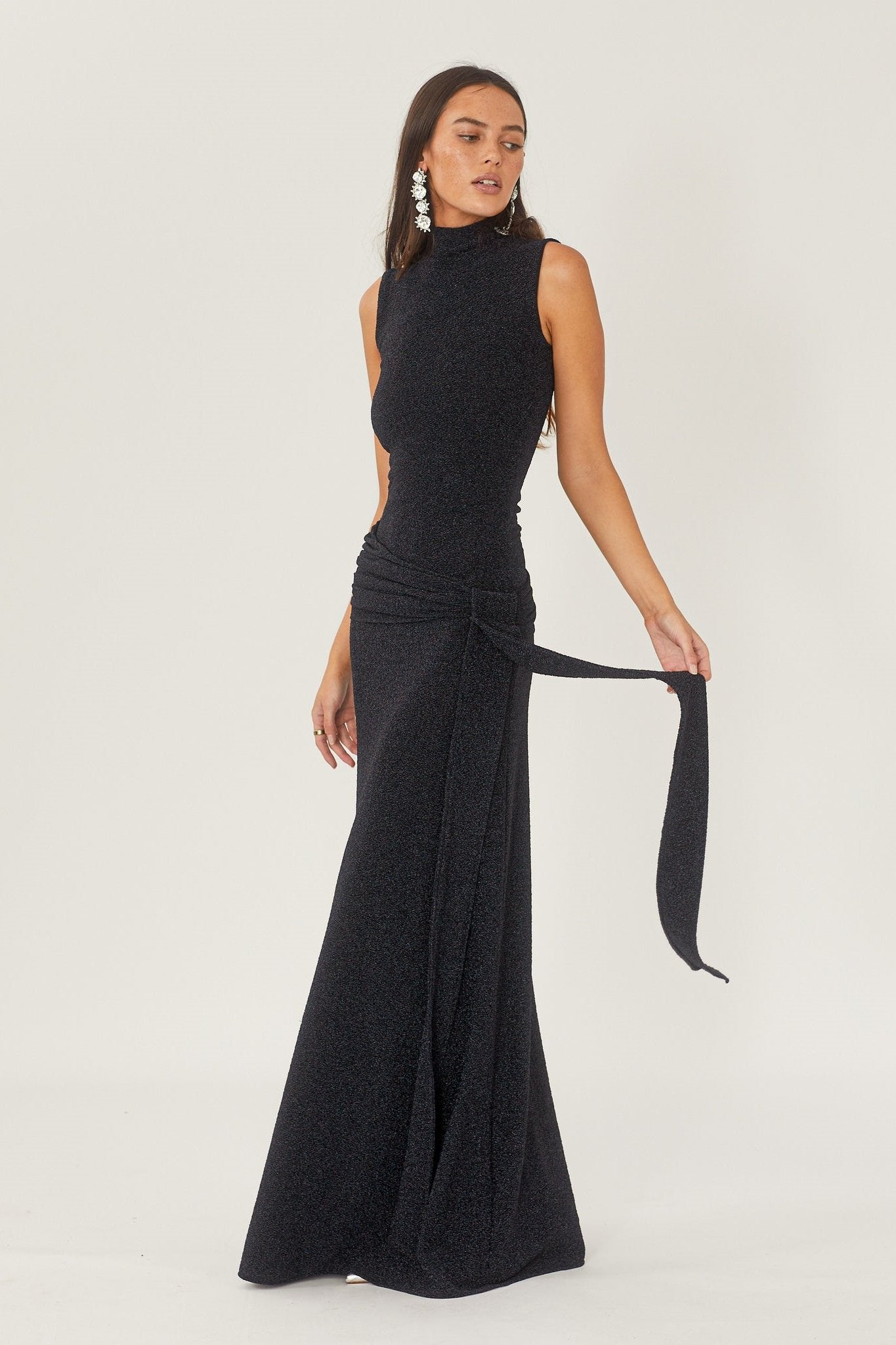 Mock Neck Sleeveless Metallic Lurex Draped Sash Tie Maxi Gown