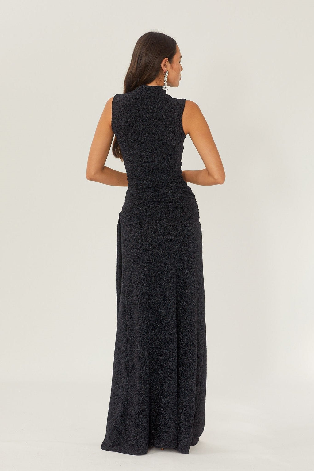 Mock Neck Sleeveless Metallic Lurex Draped Sash Tie Maxi Gown