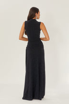 Mock Neck Sleeveless Metallic Lurex Draped Sash Tie Maxi Gown