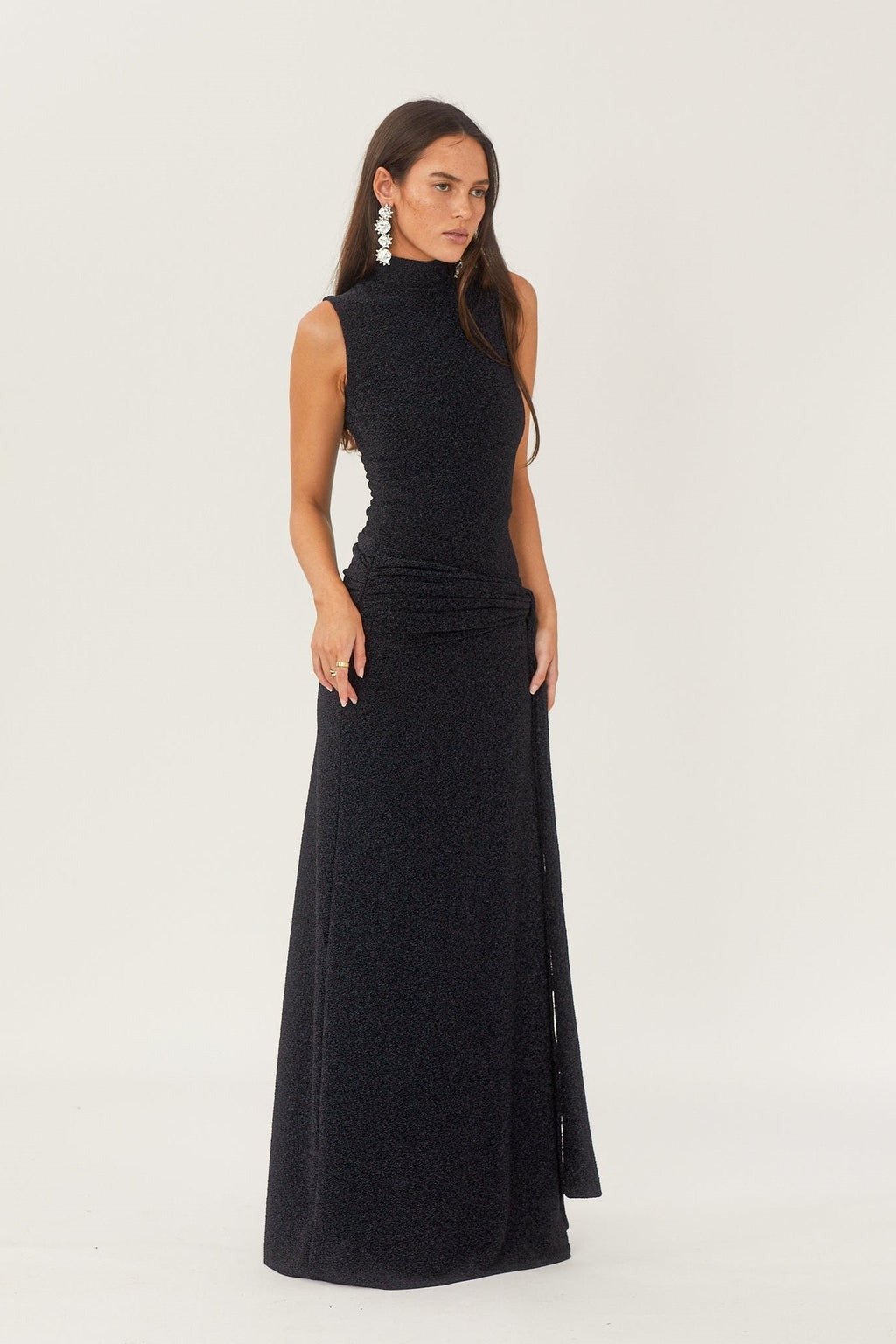 Mock Neck Sleeveless Metallic Lurex Draped Sash Tie Maxi Gown