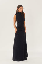 Mock Neck Sleeveless Metallic Lurex Draped Sash Tie Maxi Gown