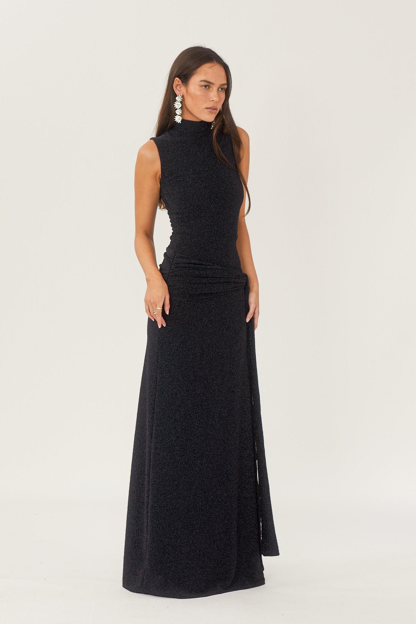Mock Neck Sleeveless Metallic Lurex Draped Sash Tie Maxi Gown