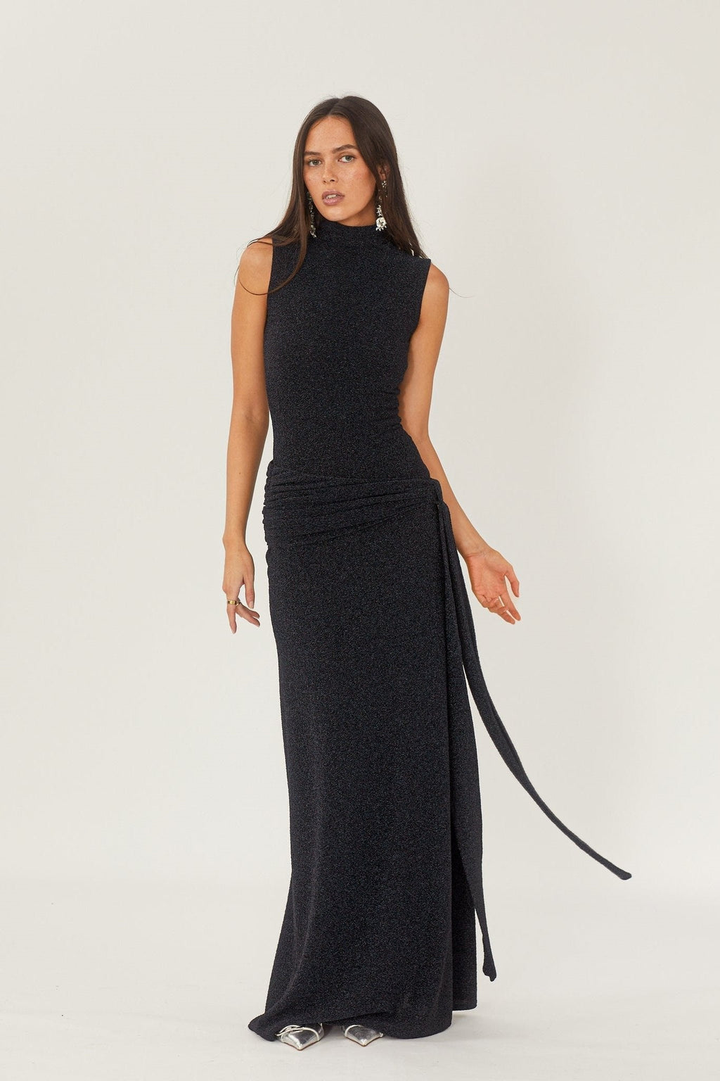 Mock Neck Sleeveless Metallic Lurex Draped Sash Tie Maxi Gown