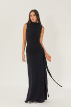 Mock Neck Sleeveless Metallic Lurex Draped Sash Tie Maxi Gown