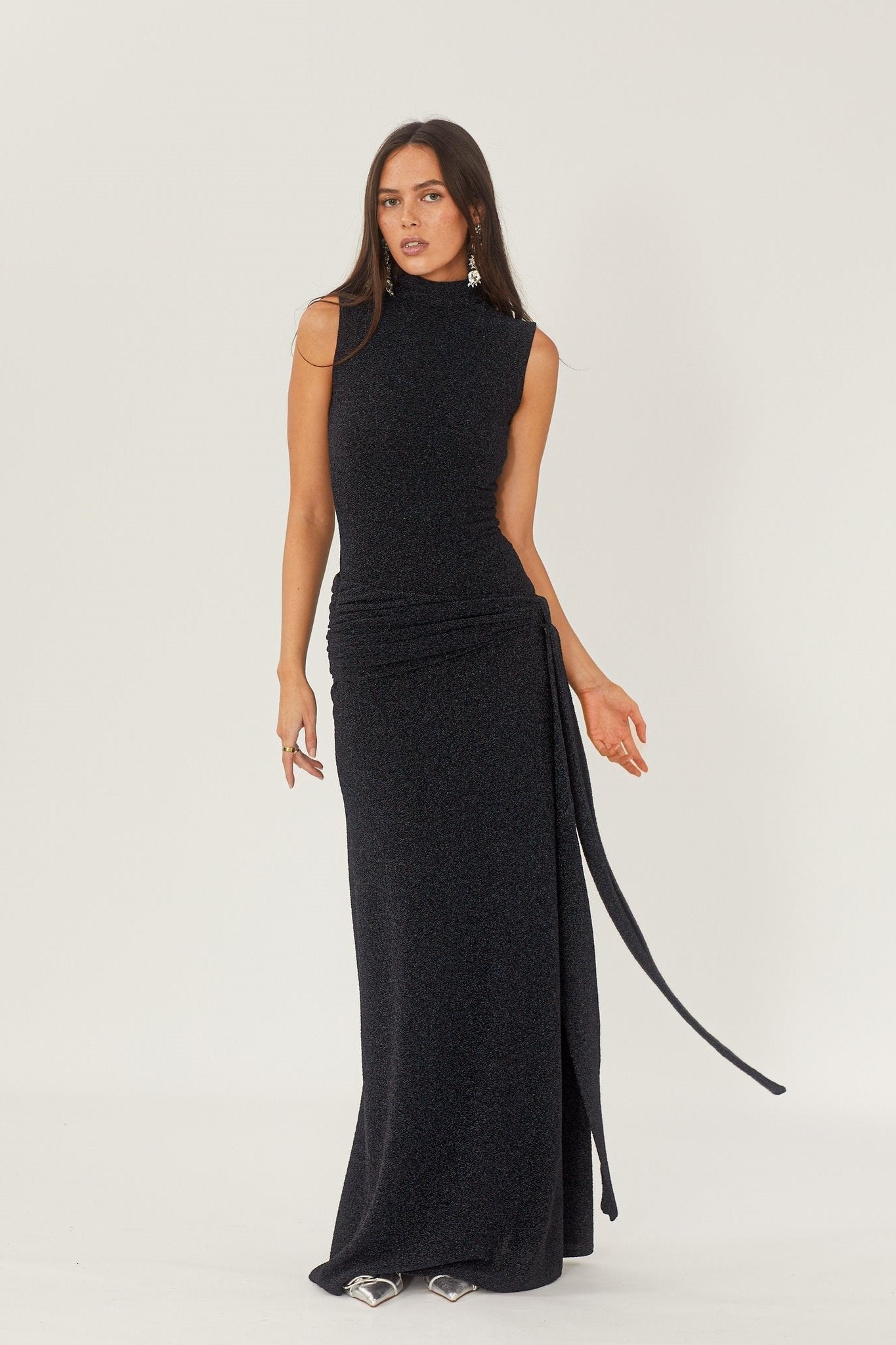 Mock Neck Sleeveless Metallic Lurex Draped Sash Tie Maxi Gown