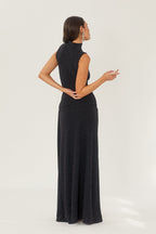 Mock Neck Sleeveless Metallic Lurex Draped Sash Tie Maxi Gown