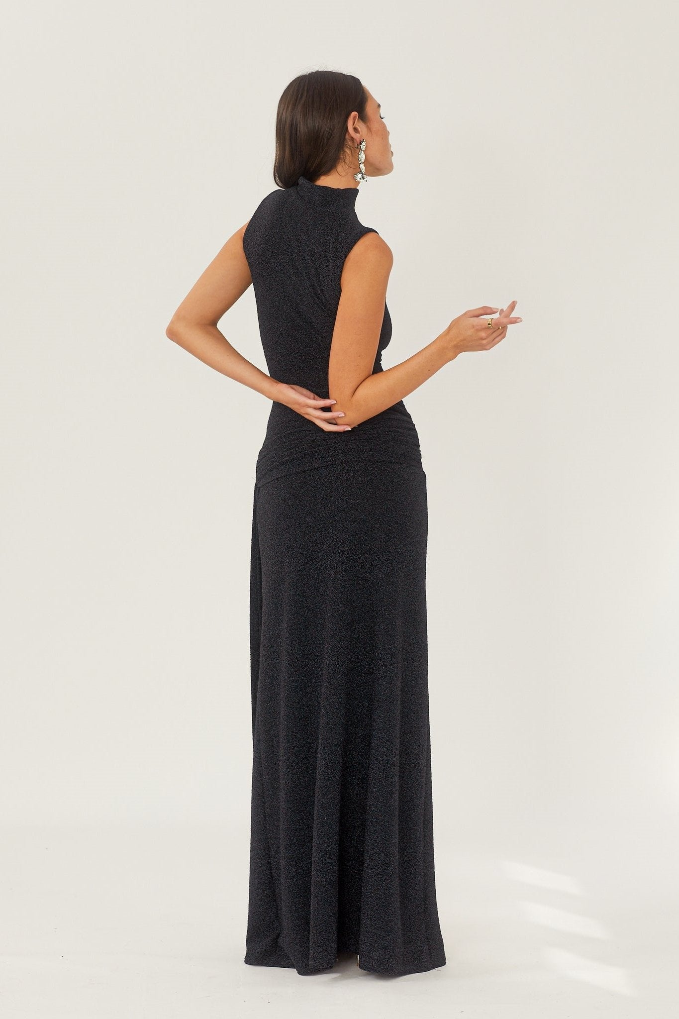 Mock Neck Sleeveless Metallic Lurex Draped Sash Tie Maxi Gown