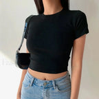 Short Sleeve Solid Simple Casual Crop Top