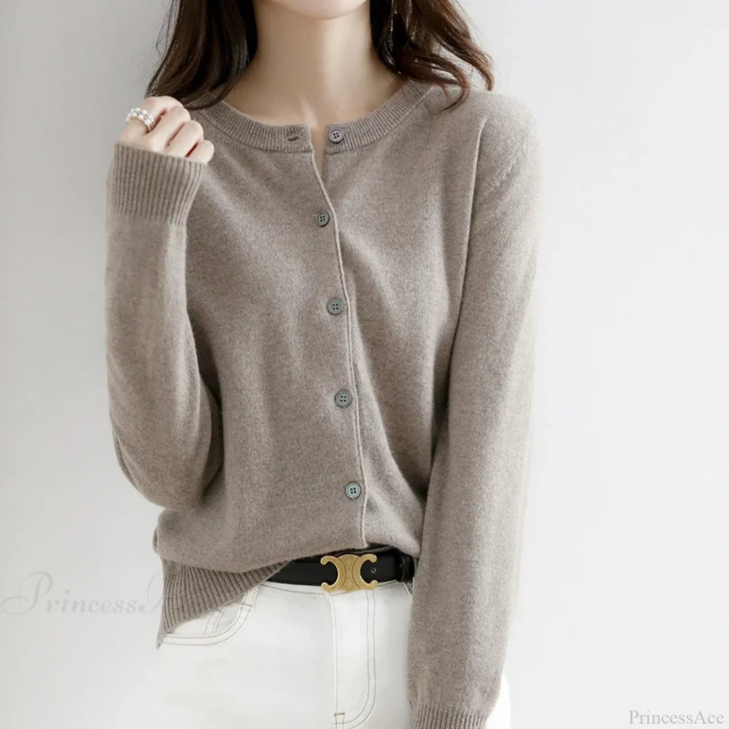 Short Slim O-Neck Single Breasted Gold Camel Knit Cardigan