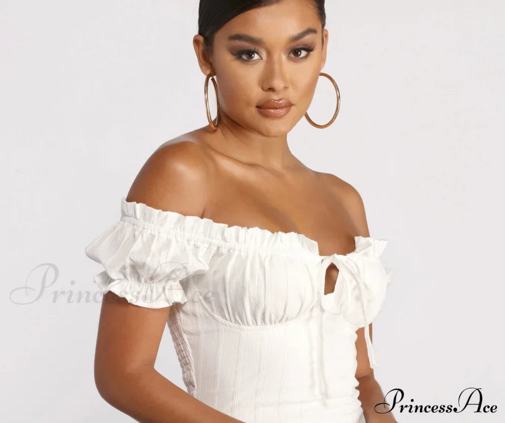 Show 'Em Off Charming Shoulder Smocked Mini Dress