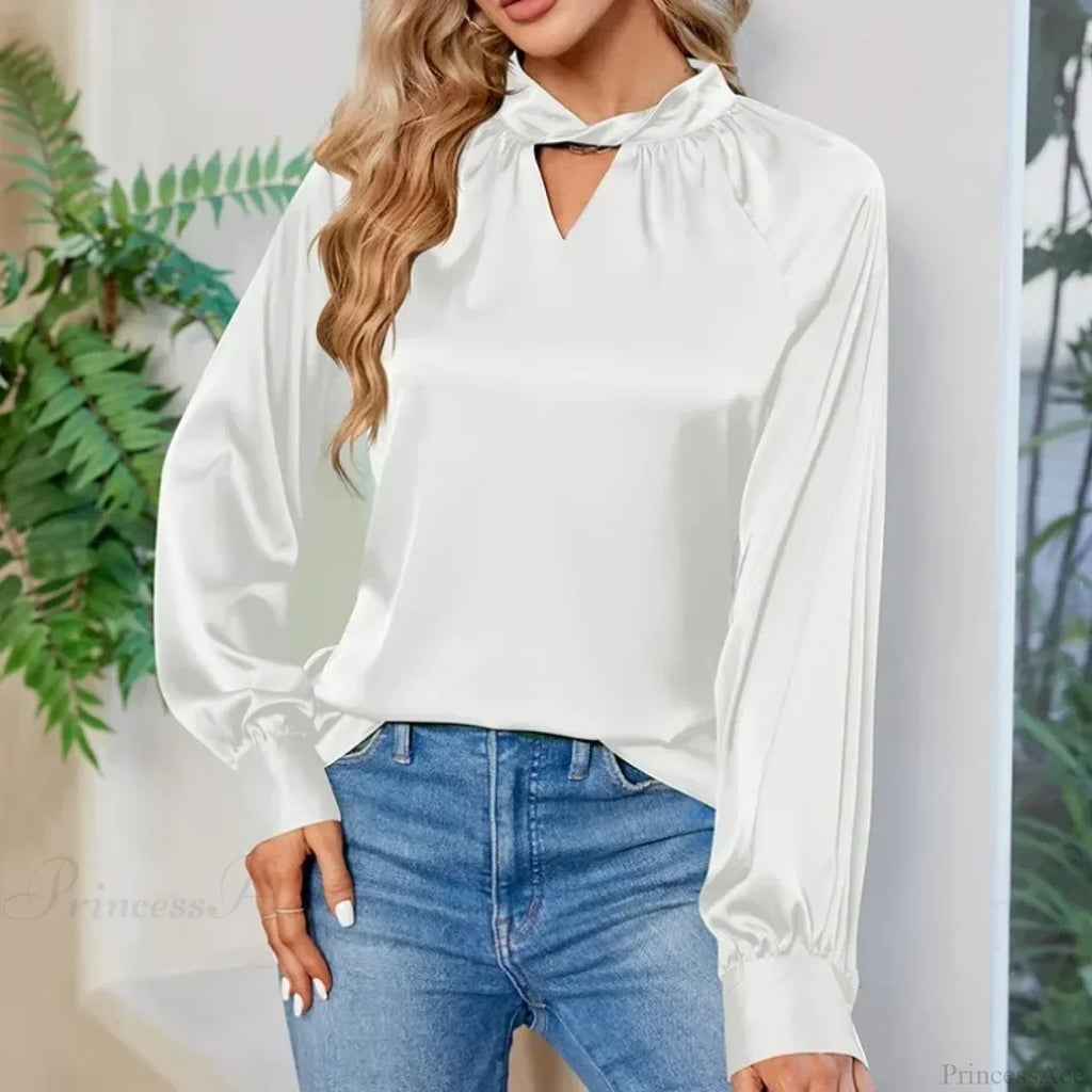 Silk Y2K White V-neck Long Sleeve Blouse