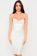 Silky Cowl Neck Corset Satin Midi Cocktail Dress - White