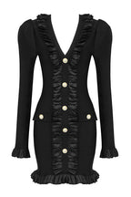 Silky Satin Pleated Trim Long Sleeve Bodycon Bandage Mini Dress - Black