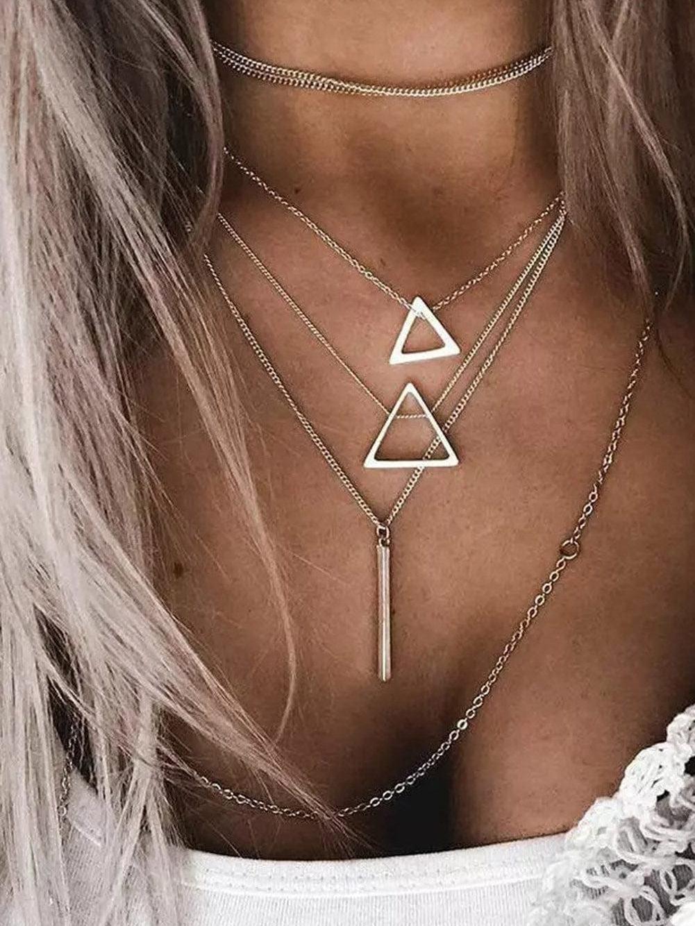 Silver Triangle Layered Necklace Bohemian Style