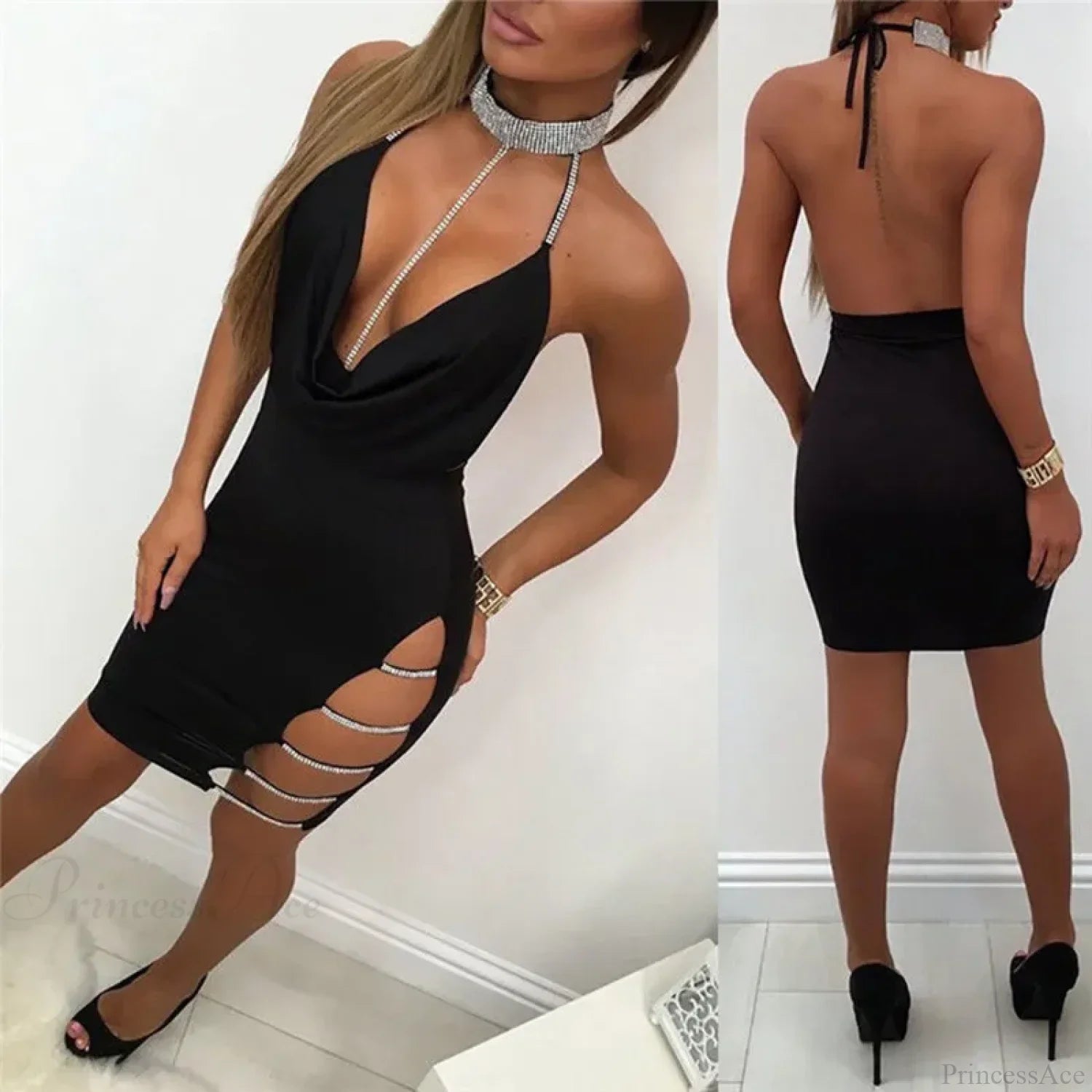 Silver Split Collar Mini Party Dress